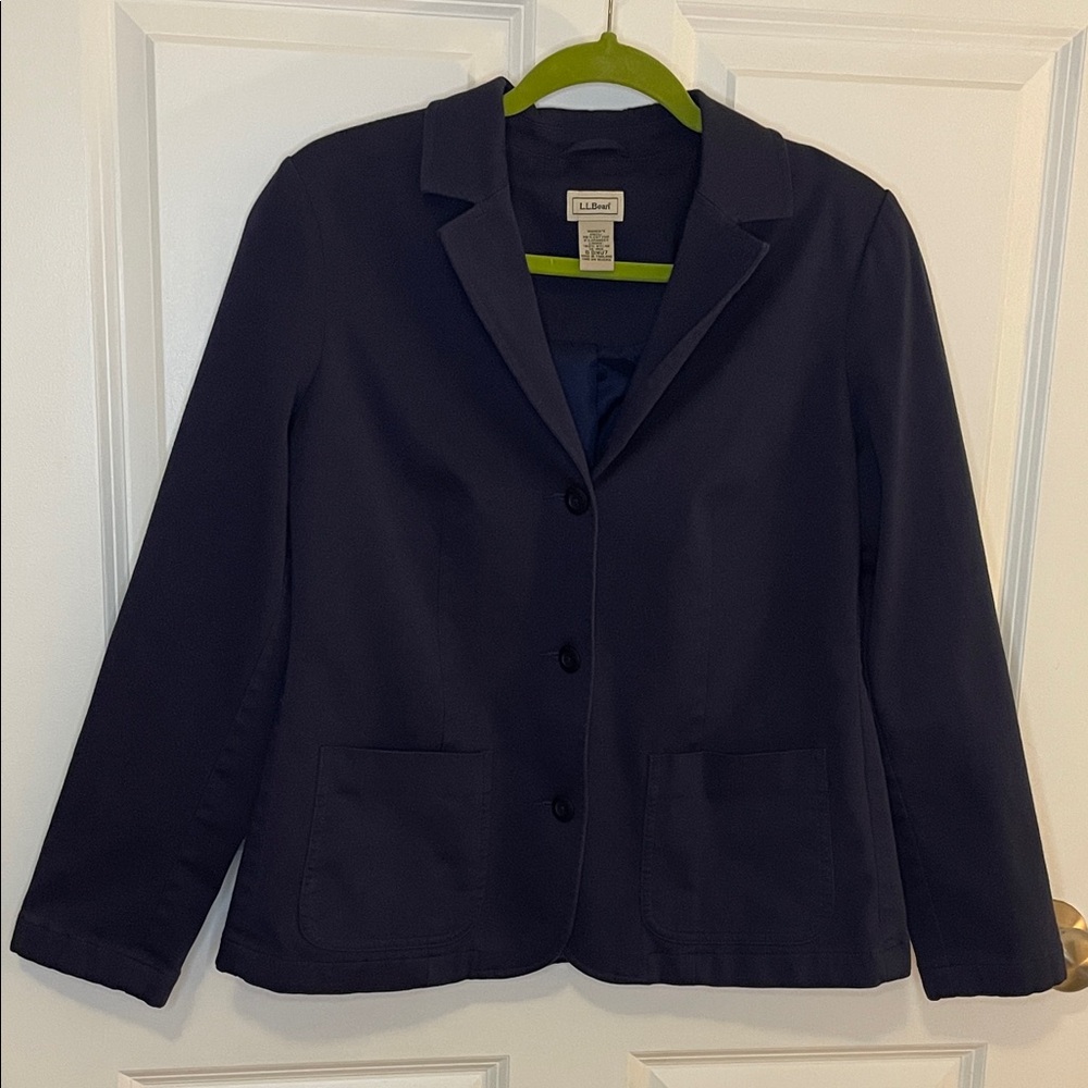 L.L.Bean Women’s Cotton Stretch Blazer Navy Size 14 Regular Classic Work Jacket